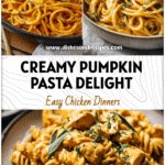 Bowl of creamy pumpkin chicken pasta garnished with herbs in a cozy fall setting using pumpkin puree.